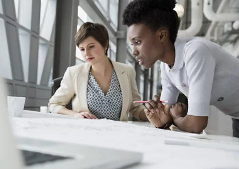 Two workers collaborating in office
